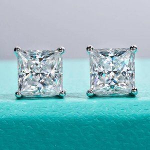 Certified 4ct. t.w. Diamond Moissanite Princess Cut Stud Earrings NEW